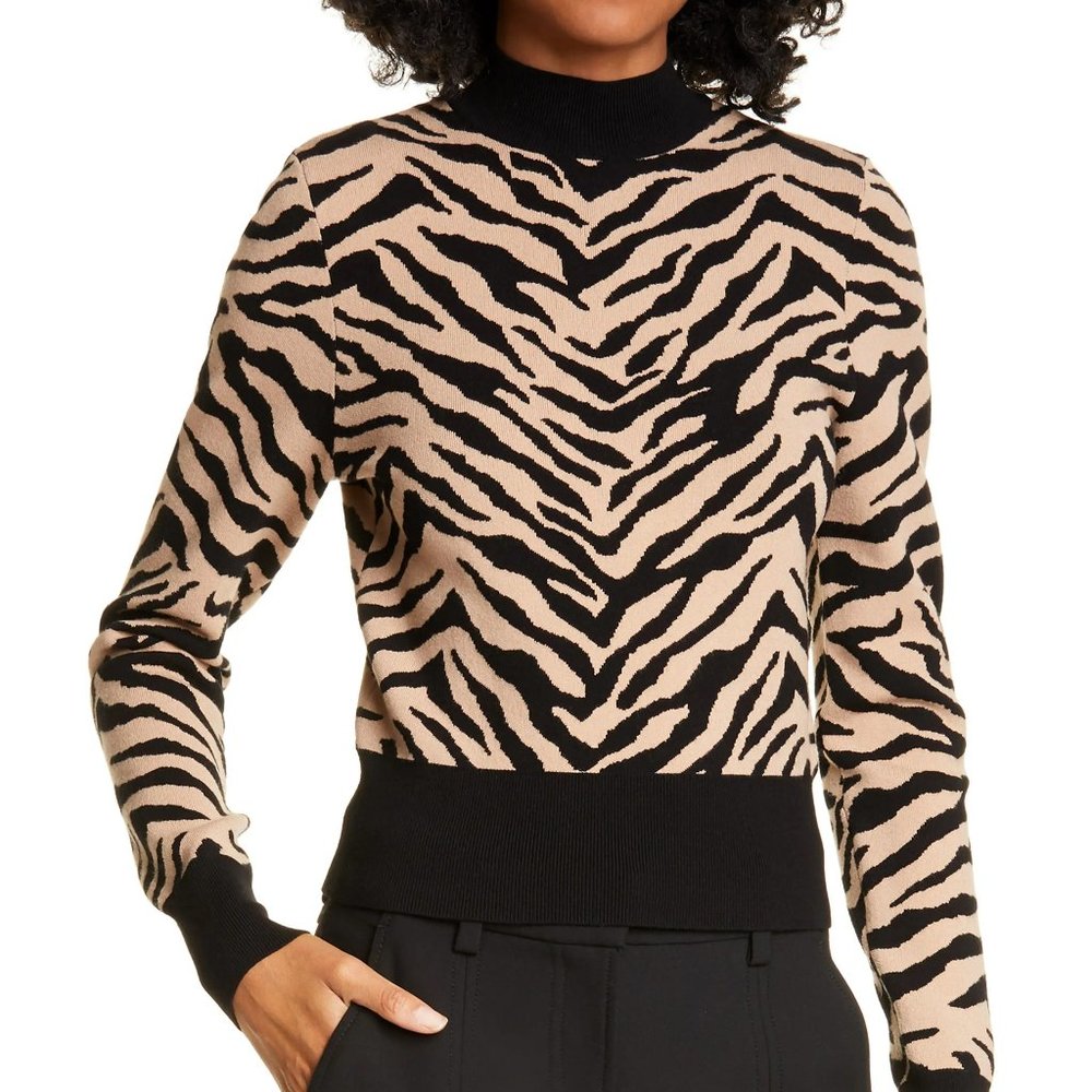 ALC Lola tiger stripe sweater tan black cropped mockneck women new Large L